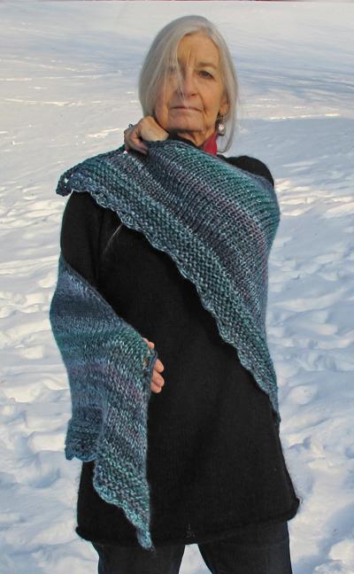 								 							Teal and Lavender Acrylic Handknit Shawl #3650			 								