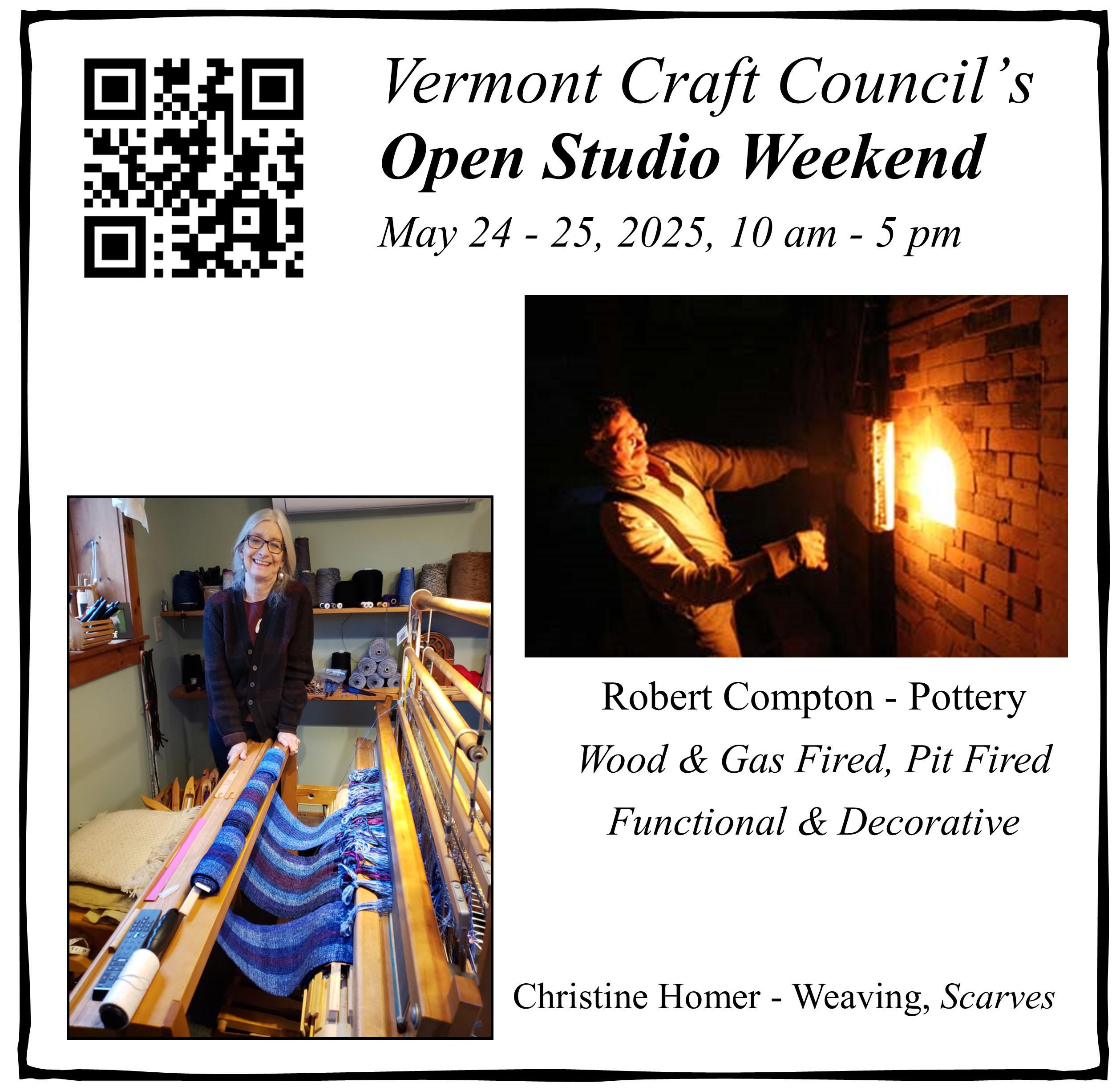 Vermont Craft Council's Open Studio Weekend at Robert Compton Pottery, May 24 & 25, 2025, 10-5 each day.