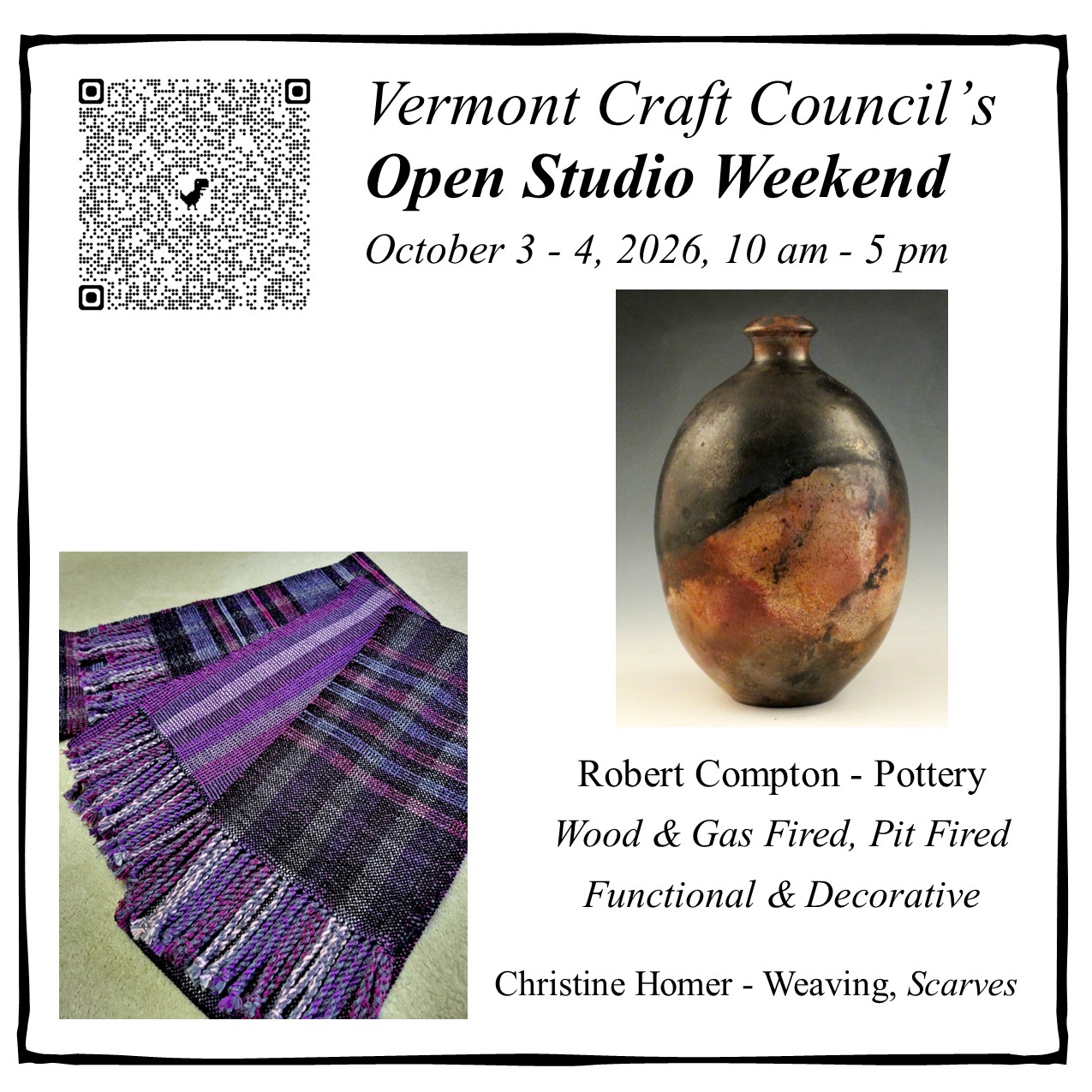 October 3 & 4, 2026, Open Studio Weekend. 